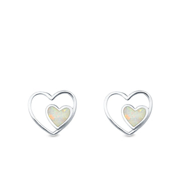 Double Hearts Stud Earrings Lab Created White Opal 925 Sterling Silver (9mm)